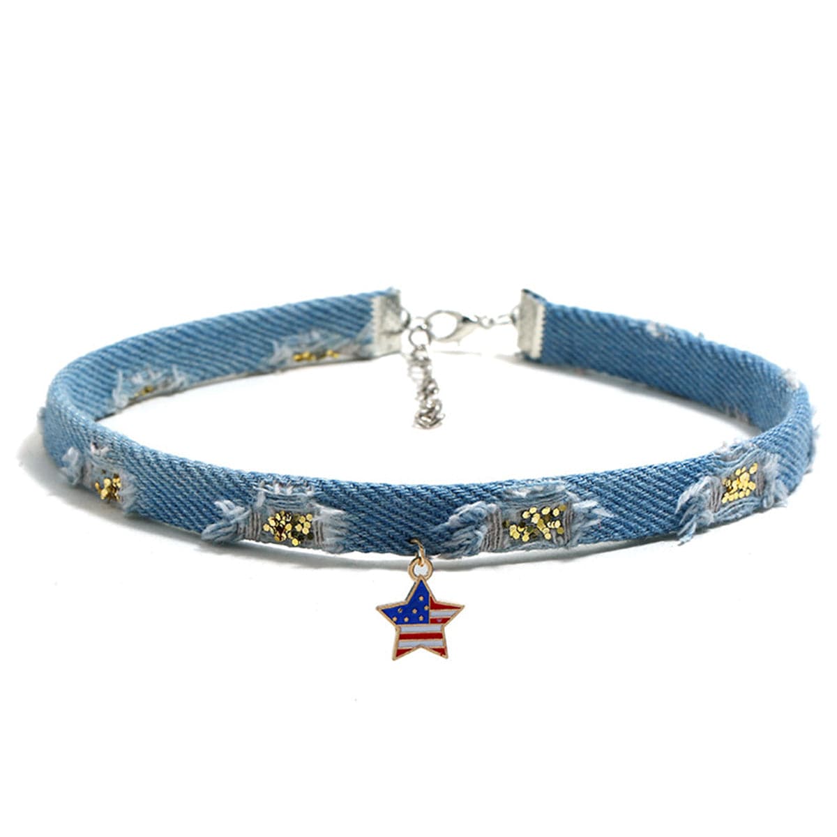 Light Blue Enamel and Polyster Two Tone American Flag Star Choker Necklace, chunky choker necklace, front view