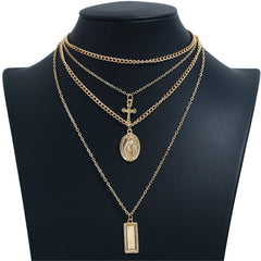 18k Gold-Plated Cross & Mary Layered Pendant Choker Necklace - streetregion