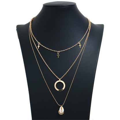 Shell and 18K Gold-Plated Cross Pendant Layered Necklace, gold pendant necklace for women, detail close-up