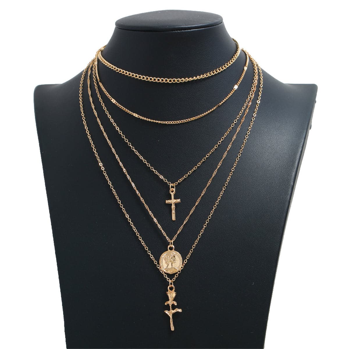 18K Gold-Plated Rose & Cross Layered Pendant Necklace