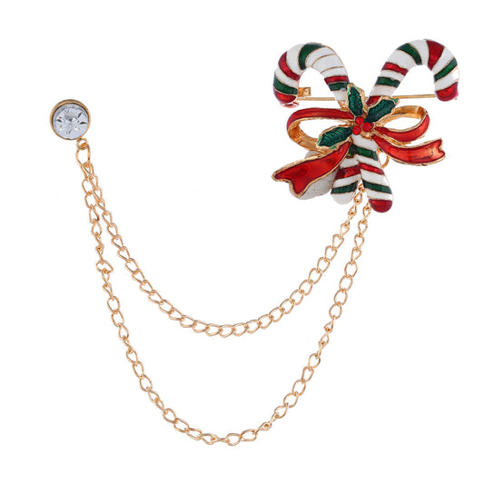 Cubic Zirconia and Enamel 18K Gold-Plated Candy Cane Layered Chain Brooch, gold brooch pin, front view
