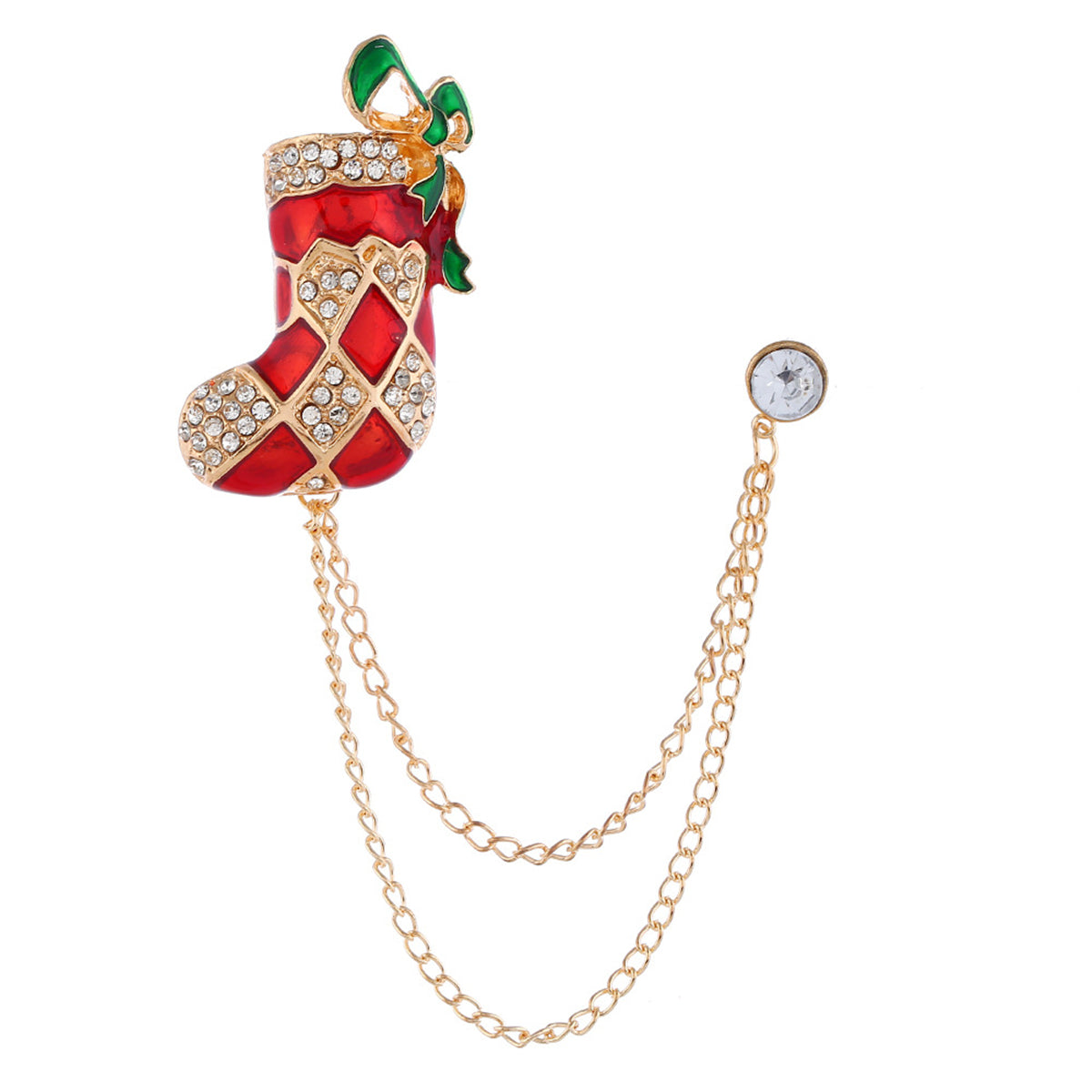 Red Enamel and Cubic Zirconia 18K Gold-Plated Stocking Boot Chain Brooch, gold brooch pin, front view