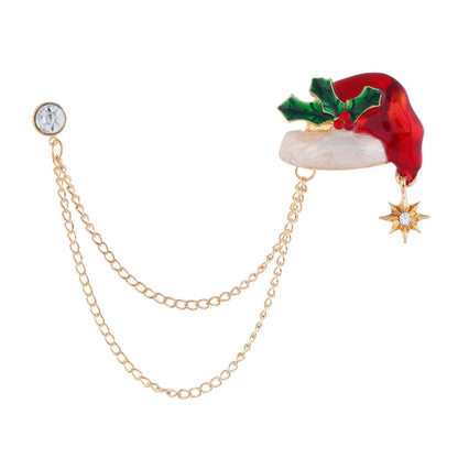 Cubic Zirconia and Santa Hat Layered Chain Brooch, brooch pin, elegant gift for her, front view