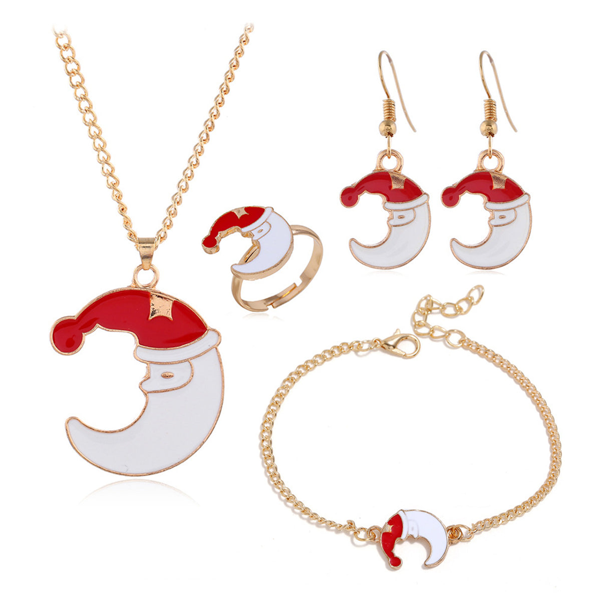 Red Enamel and 18K Gold-Plated Crescent Moon Santa Pendant Necklace Set, gold drop earrings for women, side view