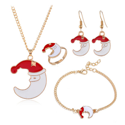 Red Enamel and 18K Gold-Plated Crescent Moon Santa Pendant Necklace Set, gold drop earrings for women, side view
