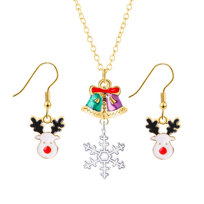 White and 18K Gold-Plated Reindeer Earrings and Snowflake Pendant Necklace, gold drop earrings for women, front view