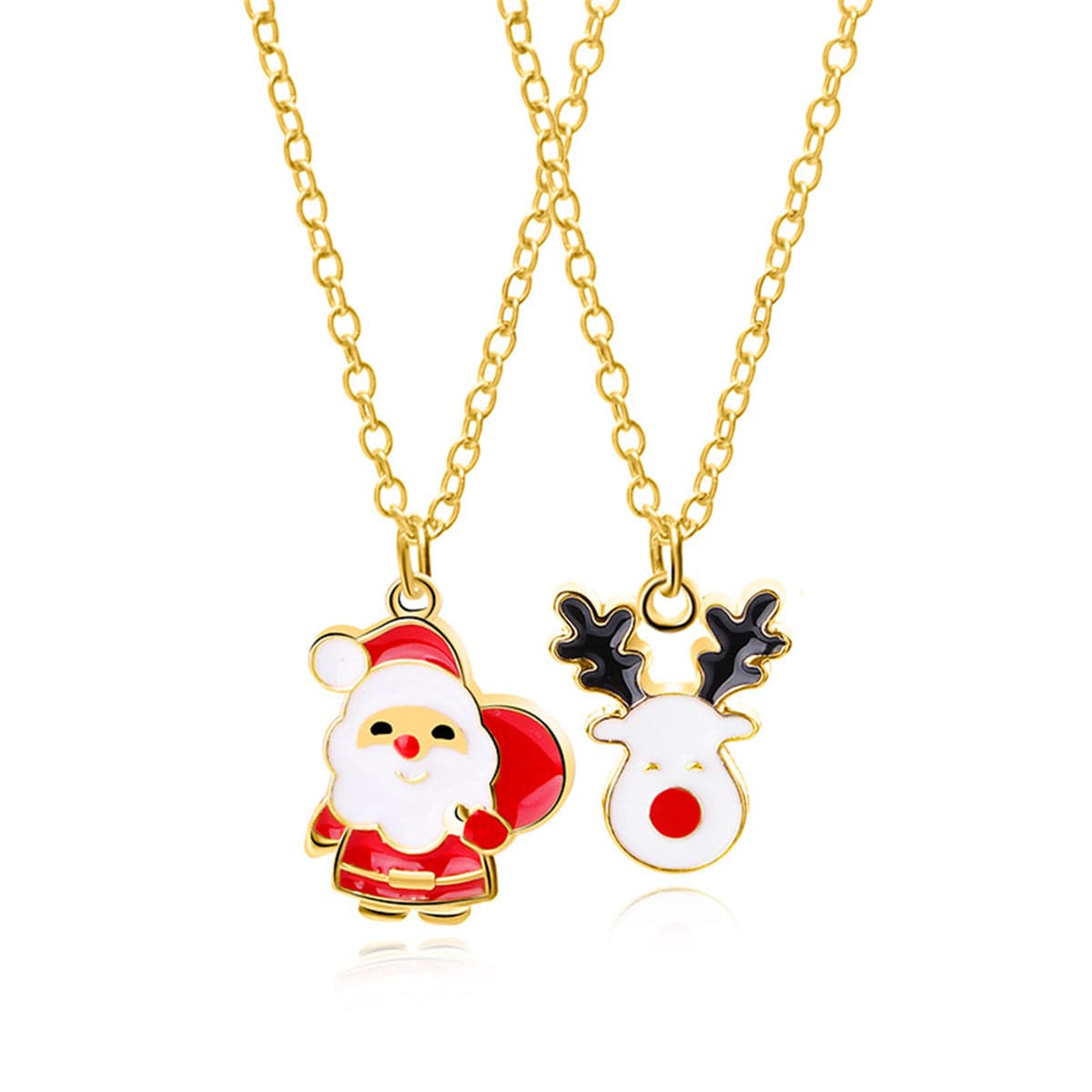 Red & 18K Gold-Plated Santa Claus & Reindeer Pendant Necklace Set