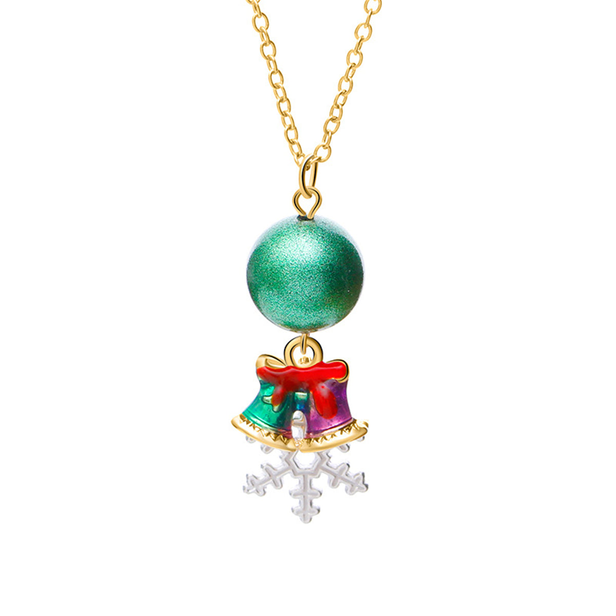 Green and 18K Gold-Plated Snowflake Bells Pendant Necklace, gold pendant necklace for women, side view