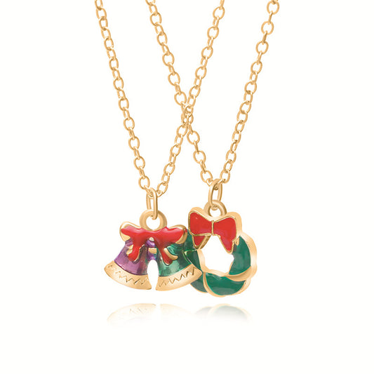 Red and 18K Gold-Plated Bells and Wreath Pendant Necklace Set, jewelry gift sets for women, elegant gift for her, front view