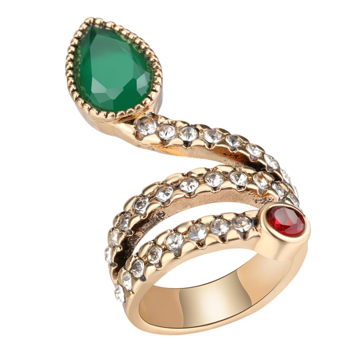 Green Crystal and Cubic Zirconia Snake Band Ring, statement rings for women, dainty minimalist design, front view