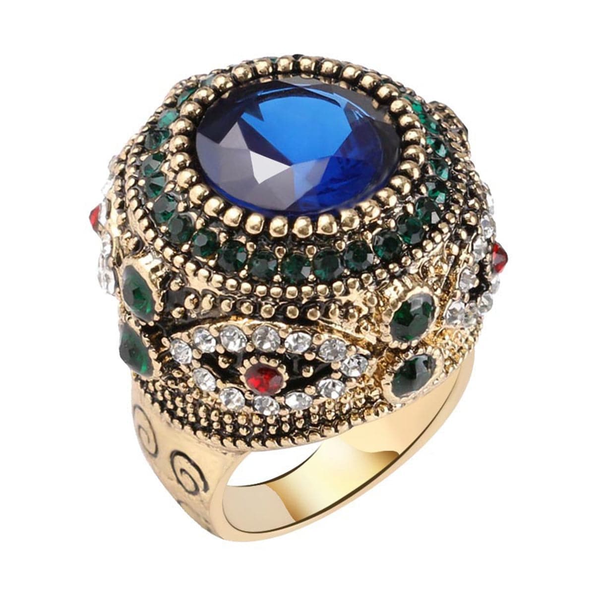 Blue Cubic Zirconia and 18K Gold Plated Round Ring, gold statement rings for women, vintage-inspired design, front view