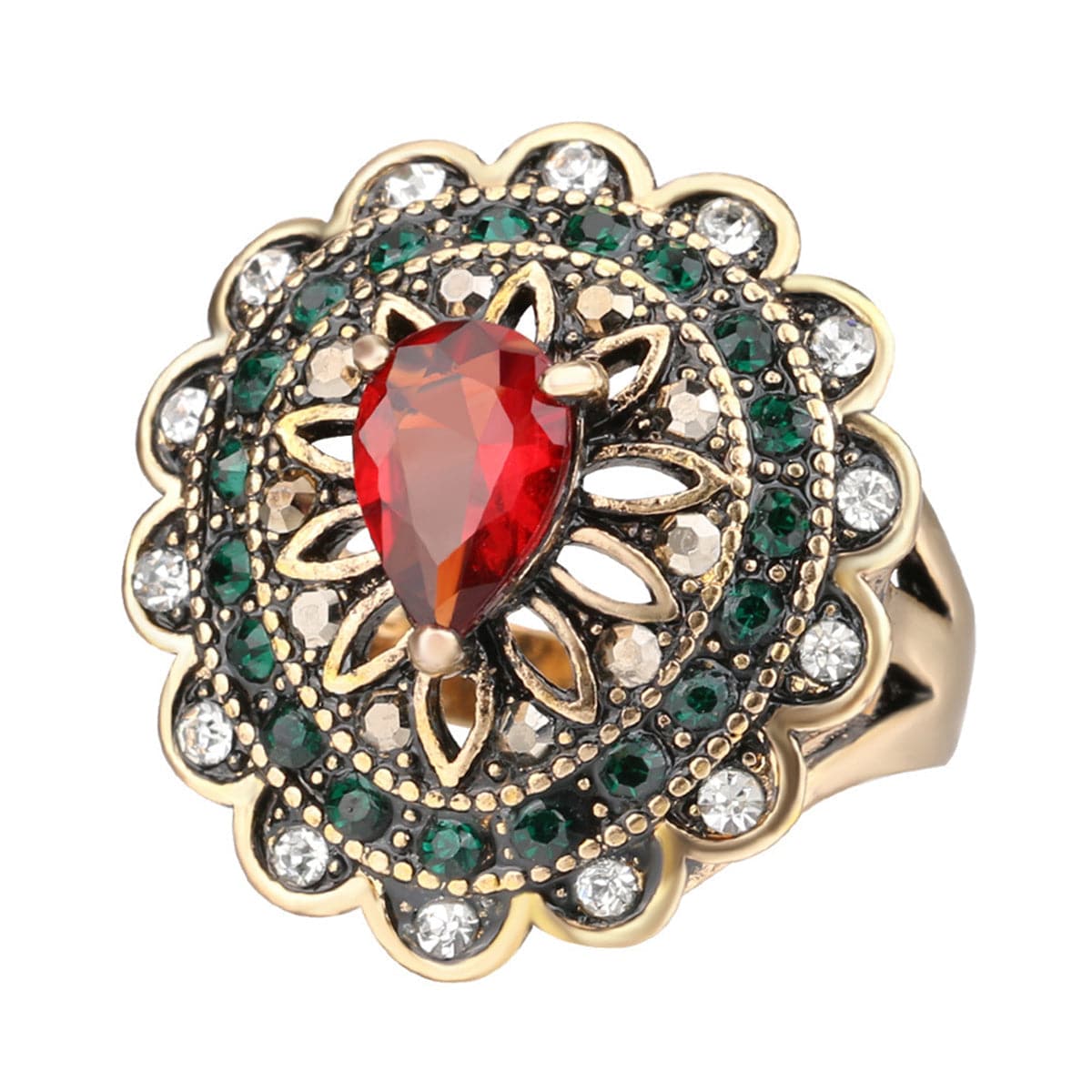 Red Crystal & Cubic Zirconia 18K Gold-Plated Pear Openwork Ring