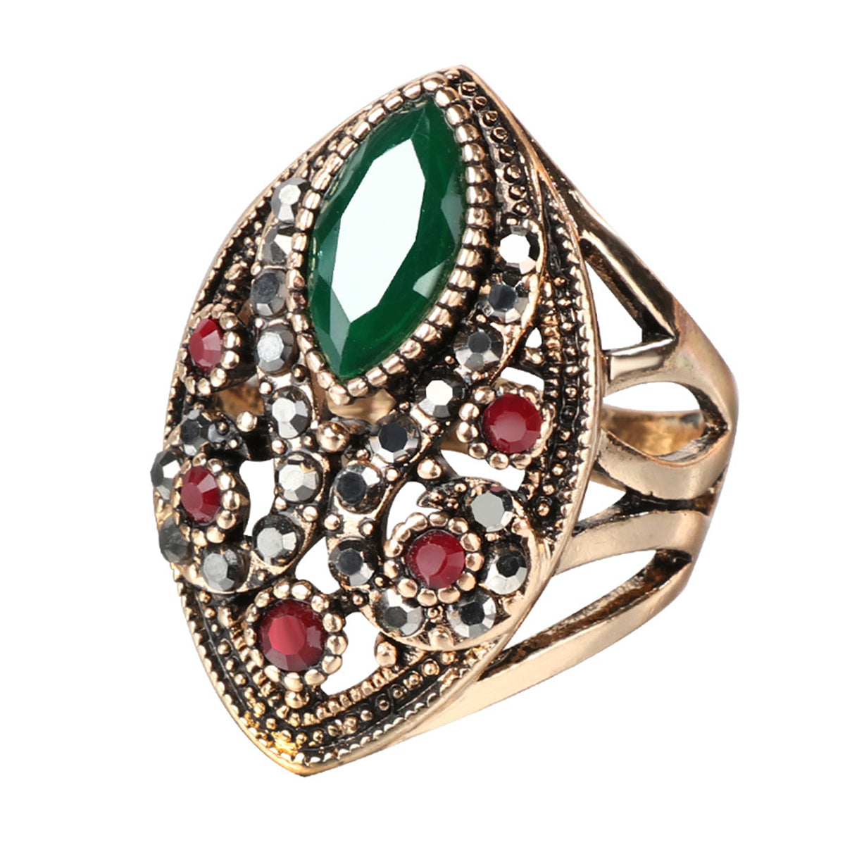 Green and Red Resin 18K Gold-Plated Geometric Ring, gold statement rings for women, vintage-inspired design, side view