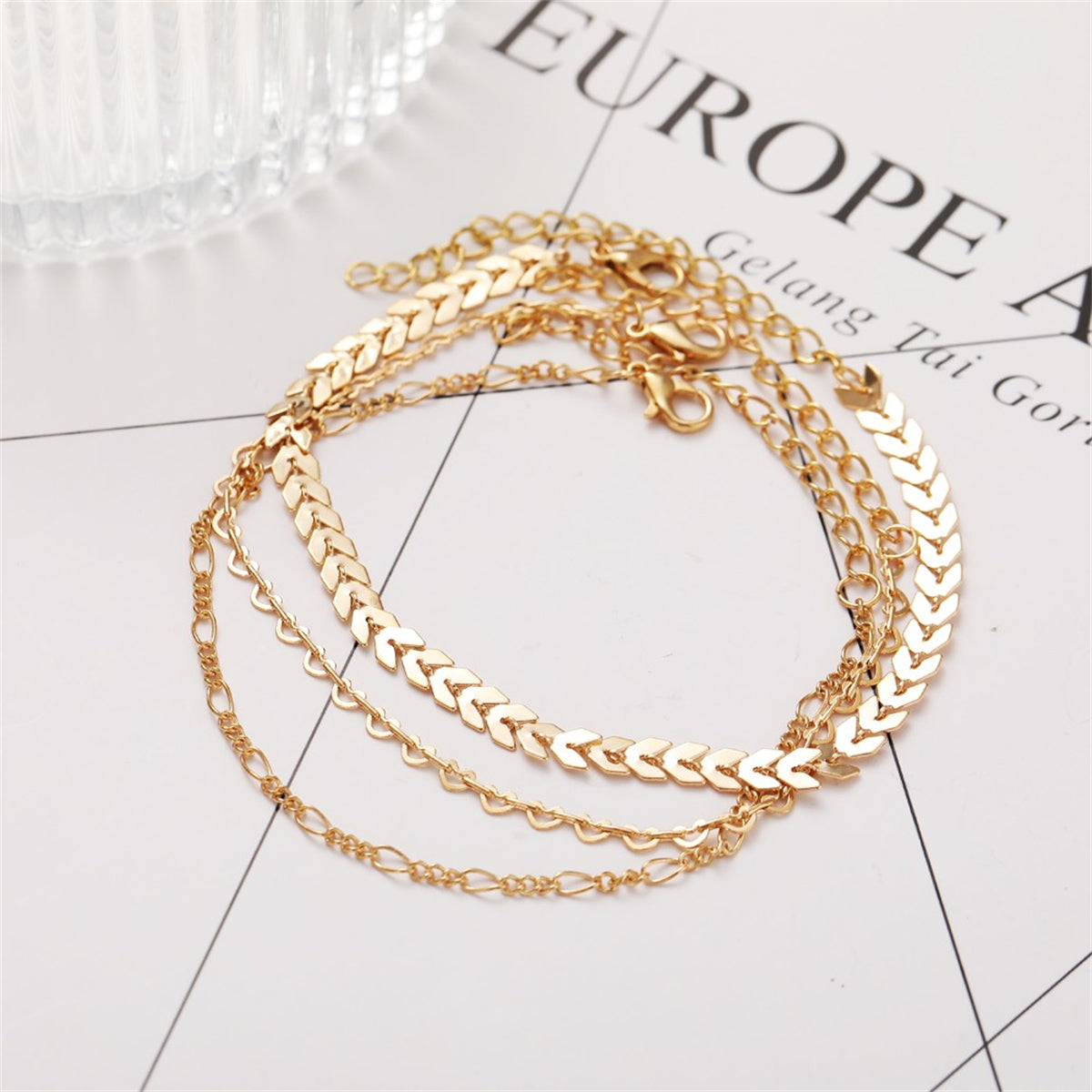 18K Gold-Plated Linked Open Heart Wheat Anklet Set, jewelry gift sets for women, everyday style, detail close-up
