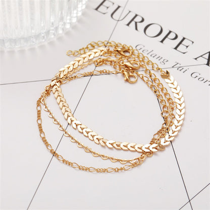 18K Gold-Plated Linked Open Heart Wheat Anklet Set, jewelry gift sets for women, everyday style, detail close-up