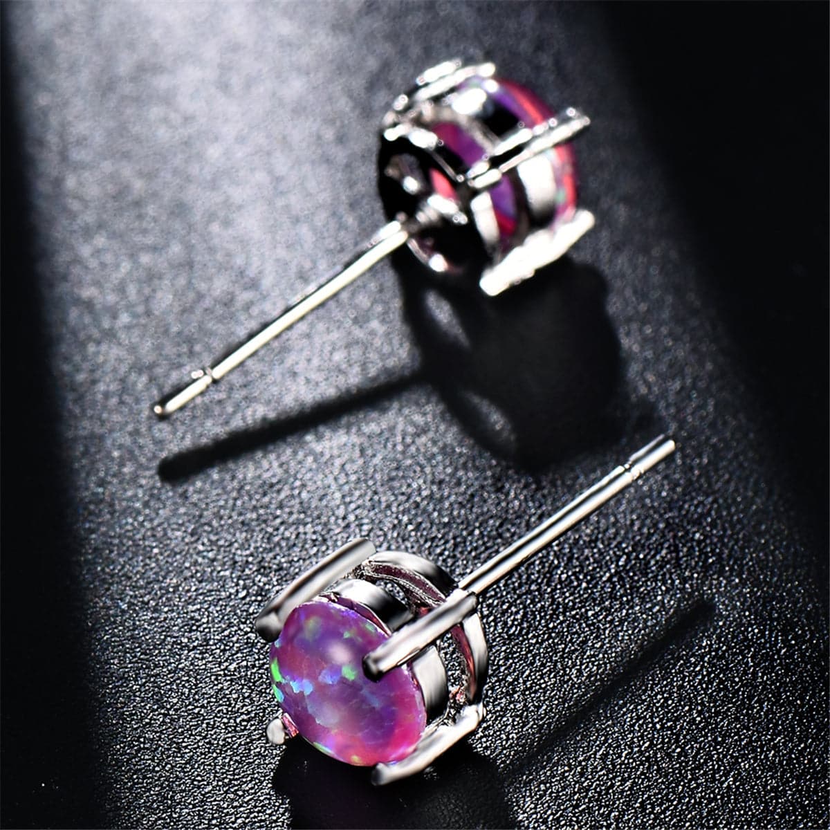 Purple Opal & Silver-Plated Round Stud Earrings
