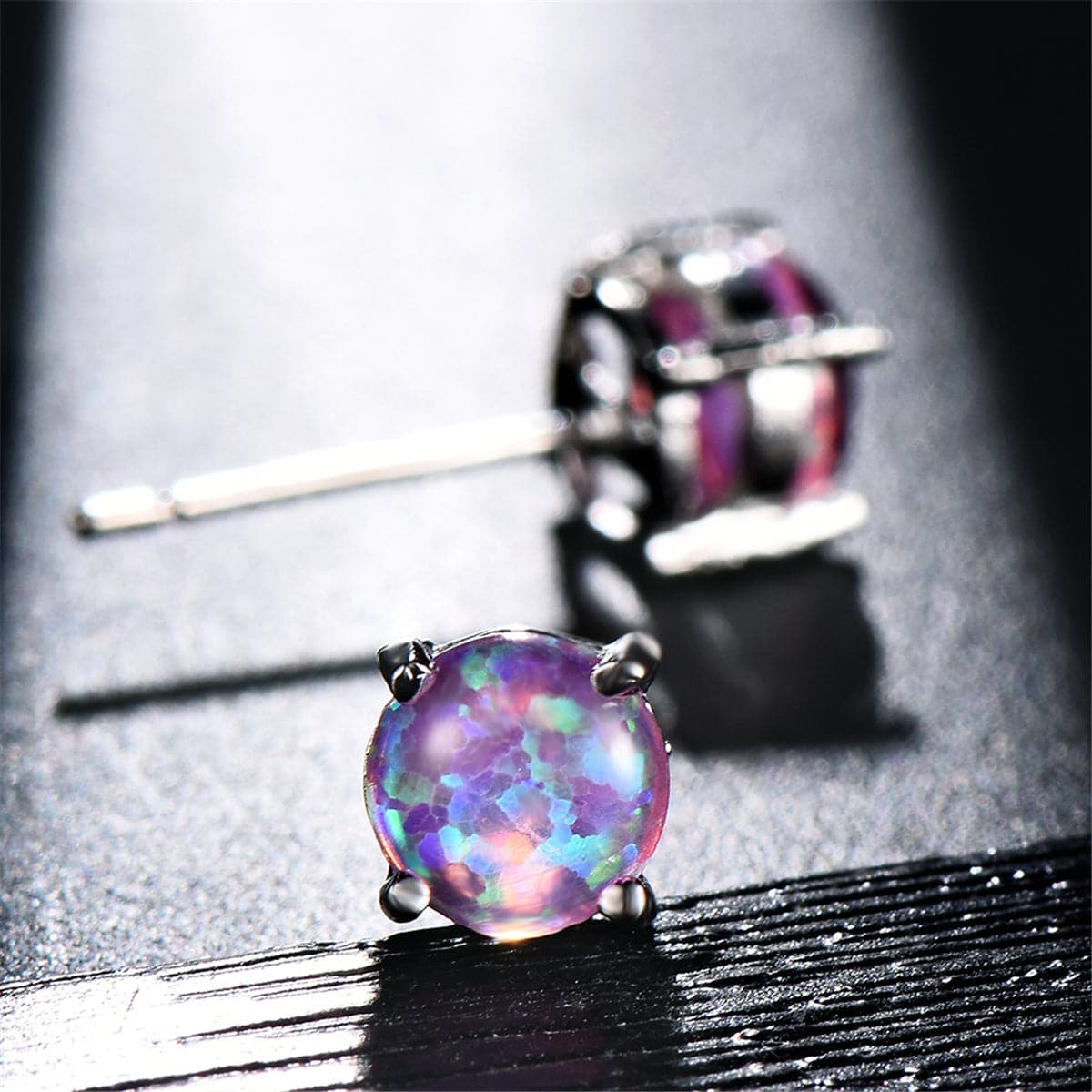 Purple Opal & Silver-Plated Round Stud Earrings