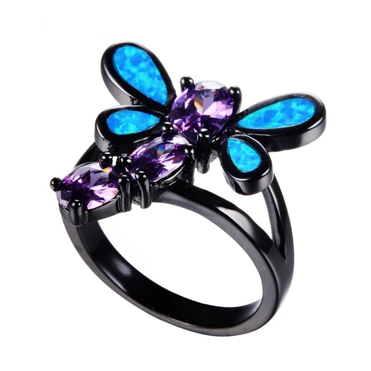 Blue Opal & Purple Crystal Dragonfly Openwork Ring - streetregion