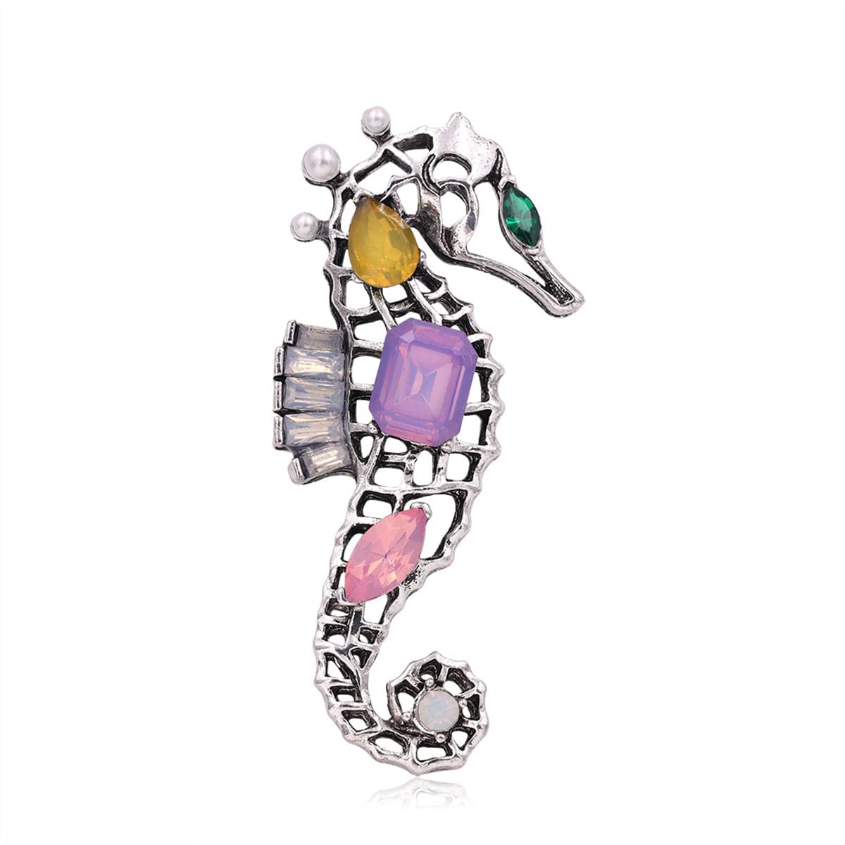 Purple Crystal & Pearl Seahorse Brooch