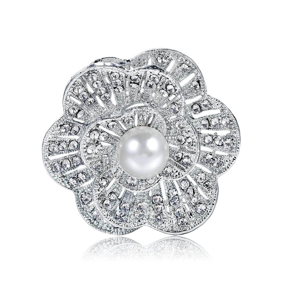 Cubic Zirconia & Silver-Plated Scalloped Flower Brooch