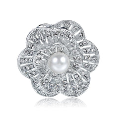 Cubic Zirconia & Silver-Plated Scalloped Flower Brooch