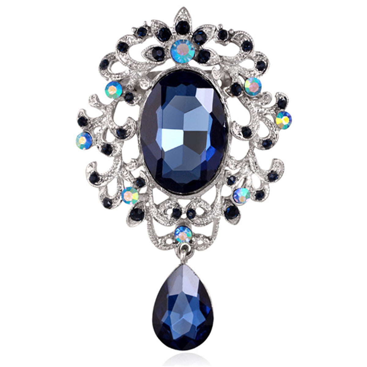 Navy Crystal & Cubic Zirconia Drop Brooch