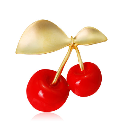 Red and 18K Gold-Plated Cherry Brooch, gold brooch pin, dainty minimalist design, front view