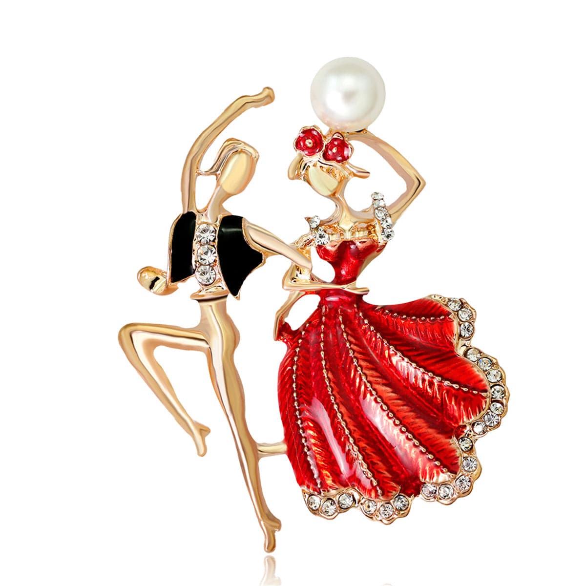 Red Enamel and Pearl 18K Gold-Plated Dancing Partner Brooch, gold brooch pin, dainty minimalist design, side view
