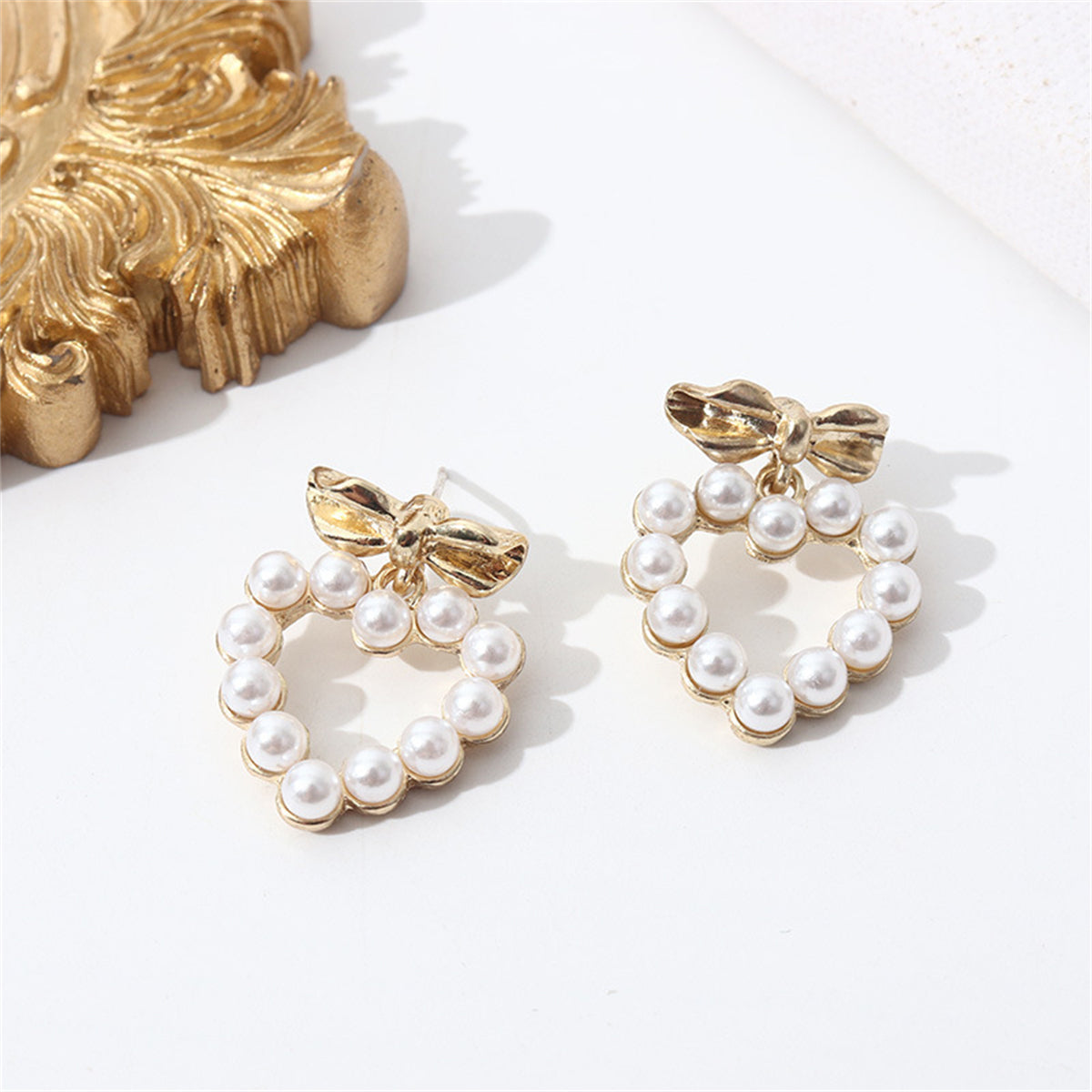 Pearl & 18K Gold-Plated Bow Heart Drop Earrings