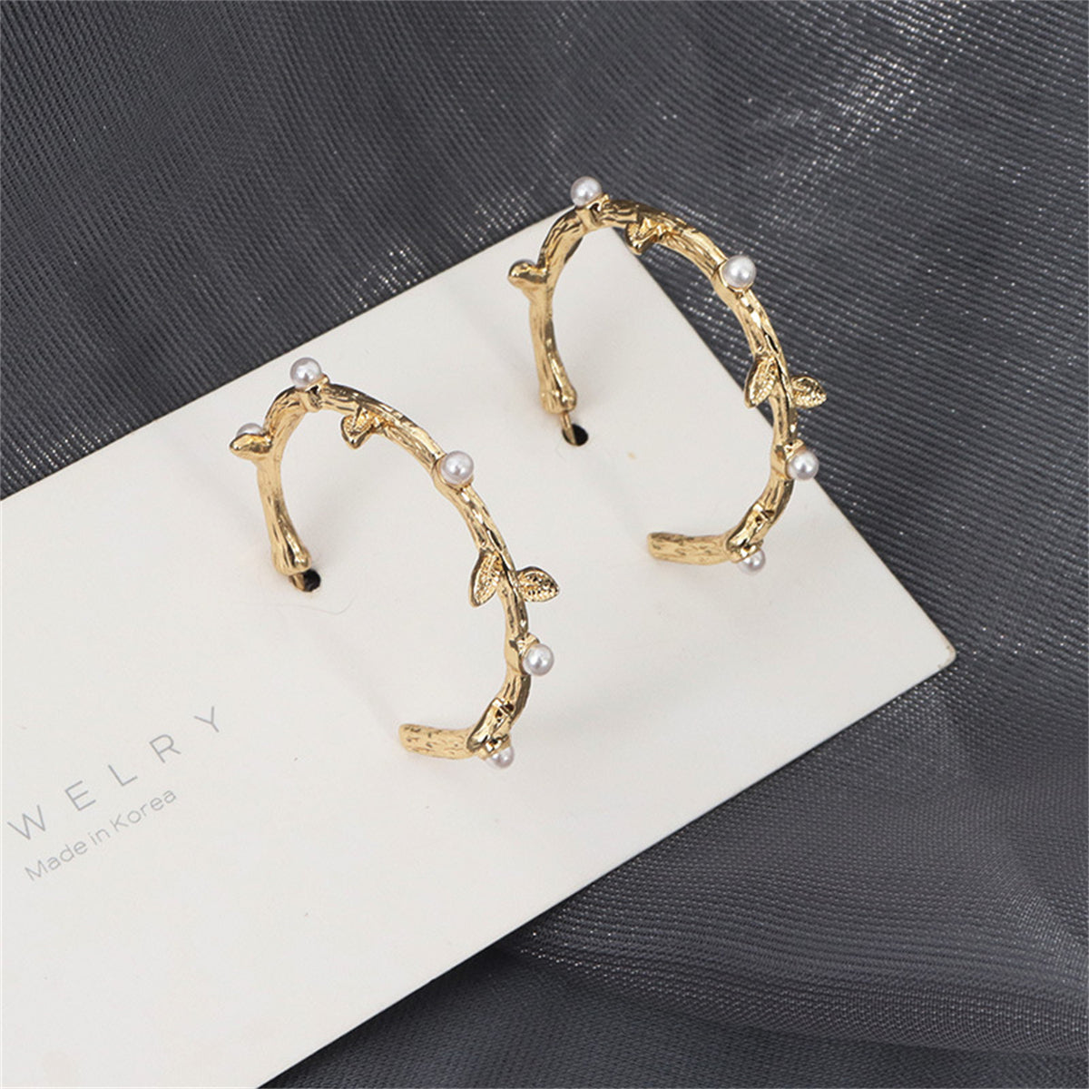 Pearl and 18K Gold-Plated Branch Hoop Earrings, elegant gift for her, front view