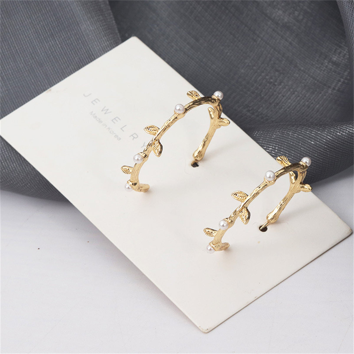 Pearl and 18K Gold-Plated Branch Hoop Earrings, elegant gift for her, side view