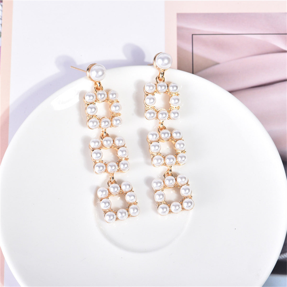 Pearl & 18K Gold-Plated Linked Square Drop Earrings