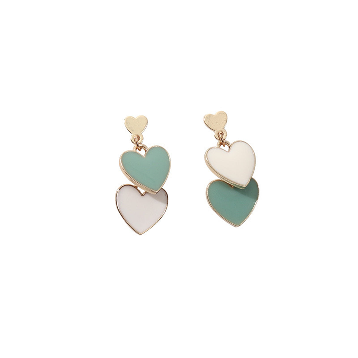 Green Enamel & 18K Gold-Plated Stacked Heart Drop Earrings