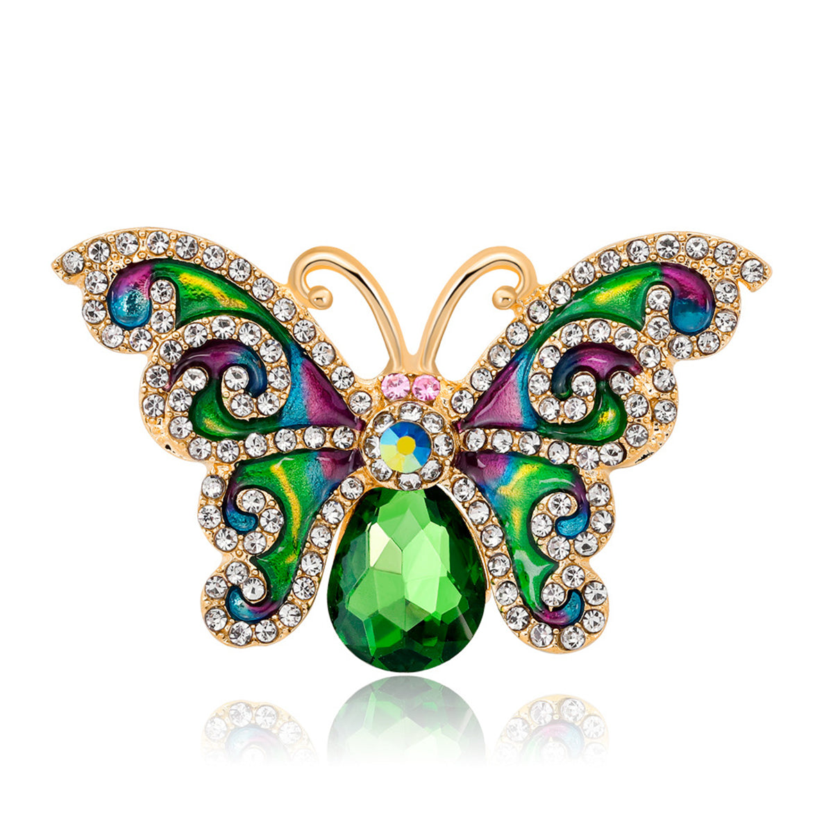 Green Crystal and Cubic Zirconia Butterfly Brooch, brooch pin, everyday style, side view