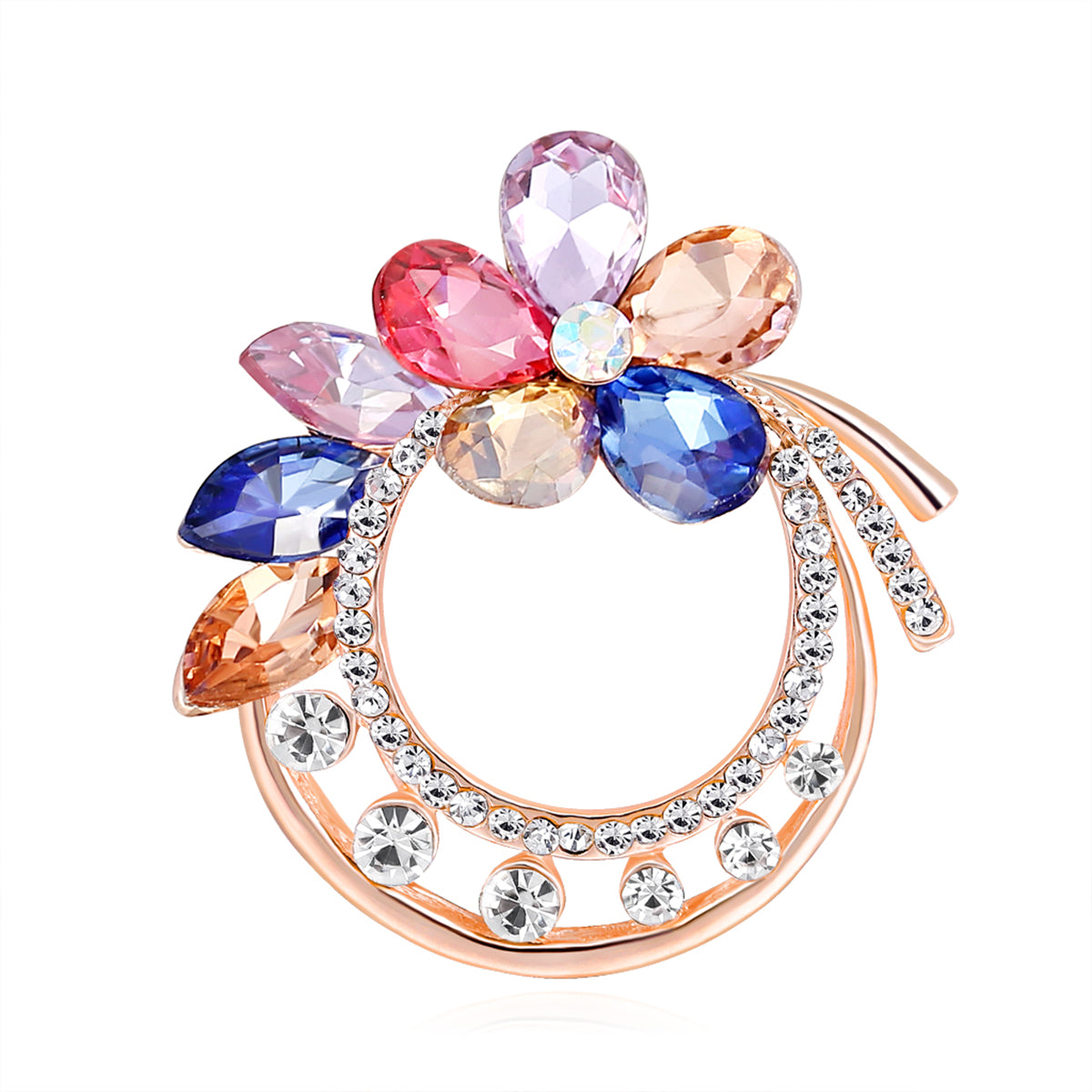 Red and Blue Crystal Flower Brooch, brooch pin, elegant gift for her, front view