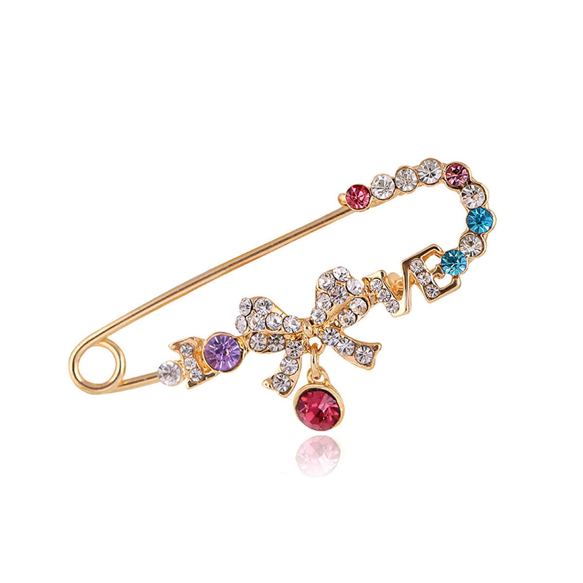 Luxurious 18K gold-plated safety pin brooch, showcasing a charming bow and sparkling cubic zirconia stones in vivid hues.
