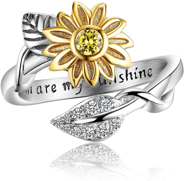 Cubic Zirconia & Crystal Two Tone Sunflower Adjustable Ring