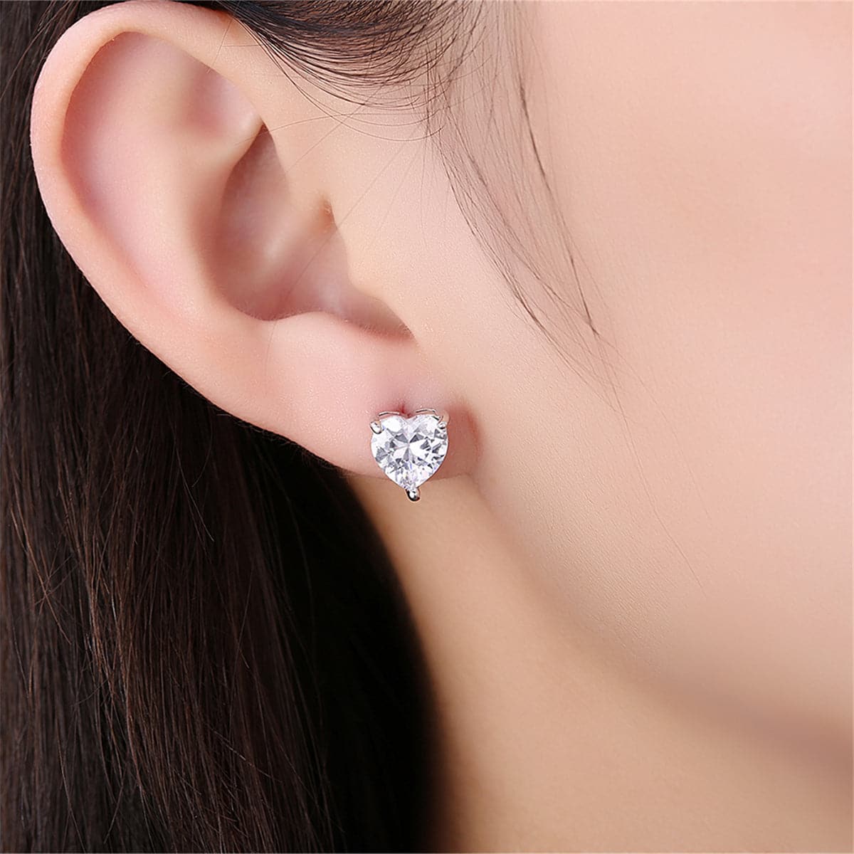 Cubic Zirconia & Silvertone Heart Stud Earrings - streetregion