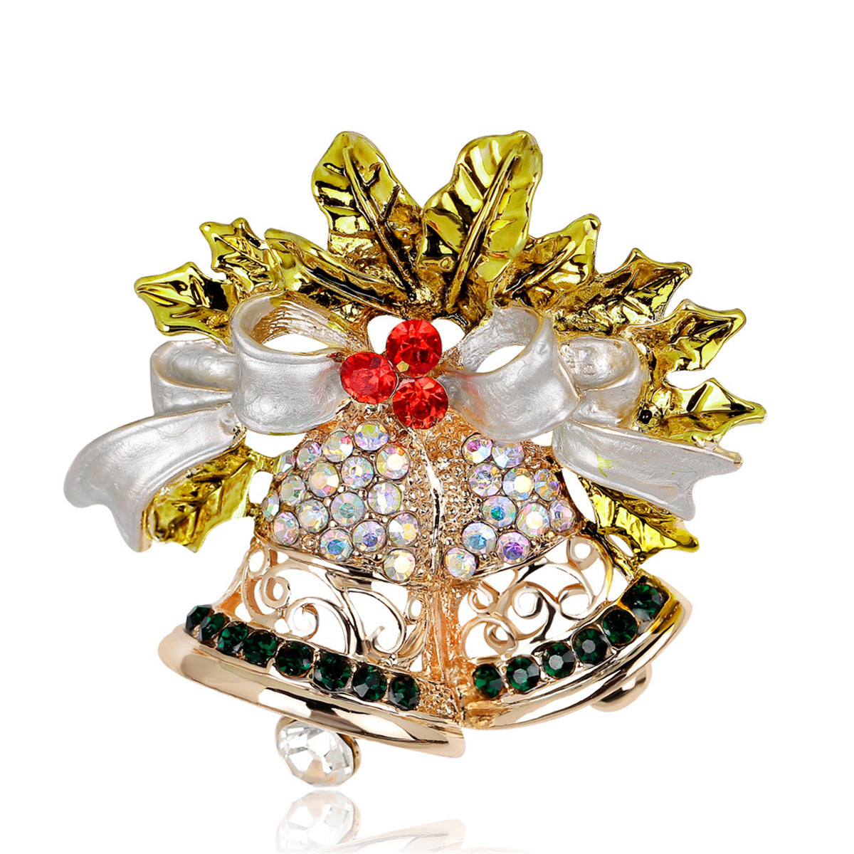 Cubic Zirconia and 18K Gold-Plated Botany Bow and Bell Brooch, gold brooch pin, vintage-inspired design, detail close-up