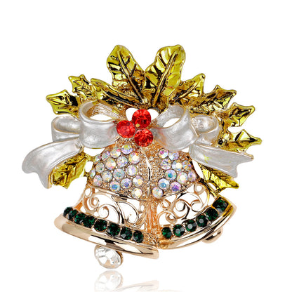 Cubic Zirconia and 18K Gold-Plated Botany Bow and Bell Brooch, gold brooch pin, vintage-inspired design, detail close-up