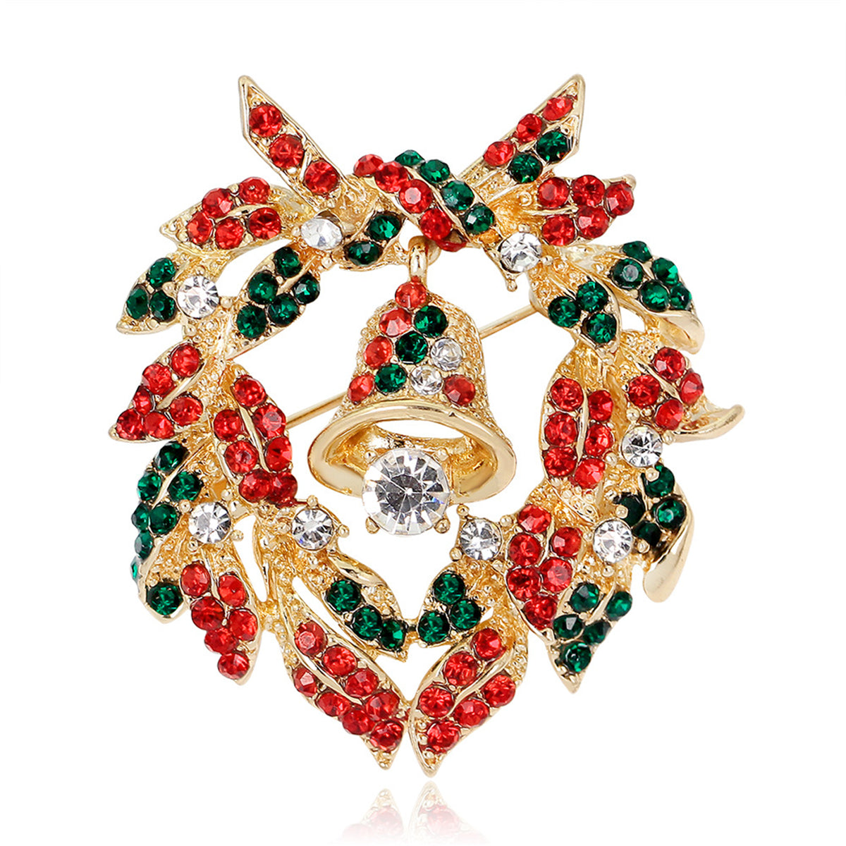 Cubic Zirconia and 18K Gold-Plated Bell Botany Wreath Brooch, gold brooch pin, vintage-inspired design, front view