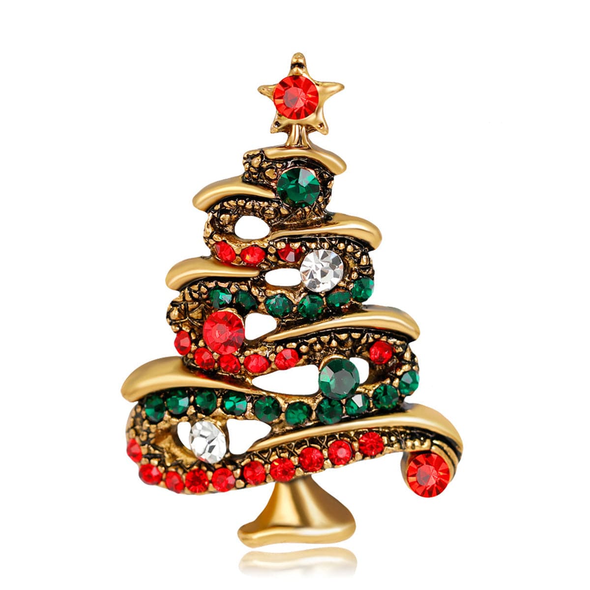 Cubic Zirconia & 18K Gold-Plated Christmas Tree Brooch
