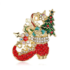 Cubic Zirconia & 18K Gold-Plated Boots & Christmas Tree Brooch