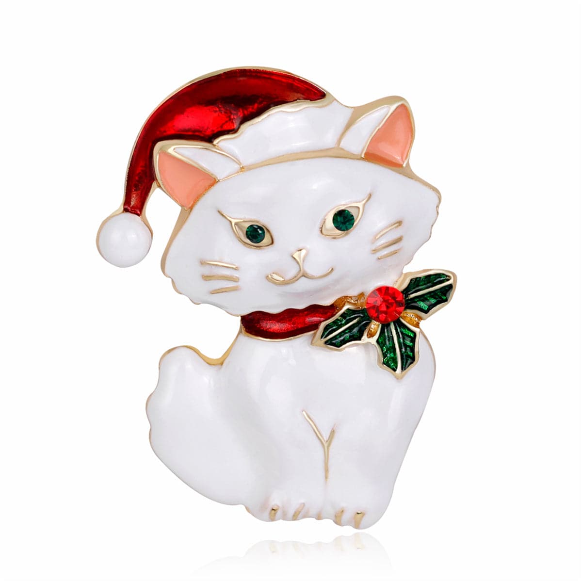 Green Cubic Zirconia and White Enamel Cat Brooch, brooch pin, botanical inspired, detail close-up