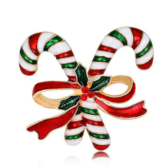 Red & 18K Gold-Plated Bow & Double Candy Cane Crutch Brooch