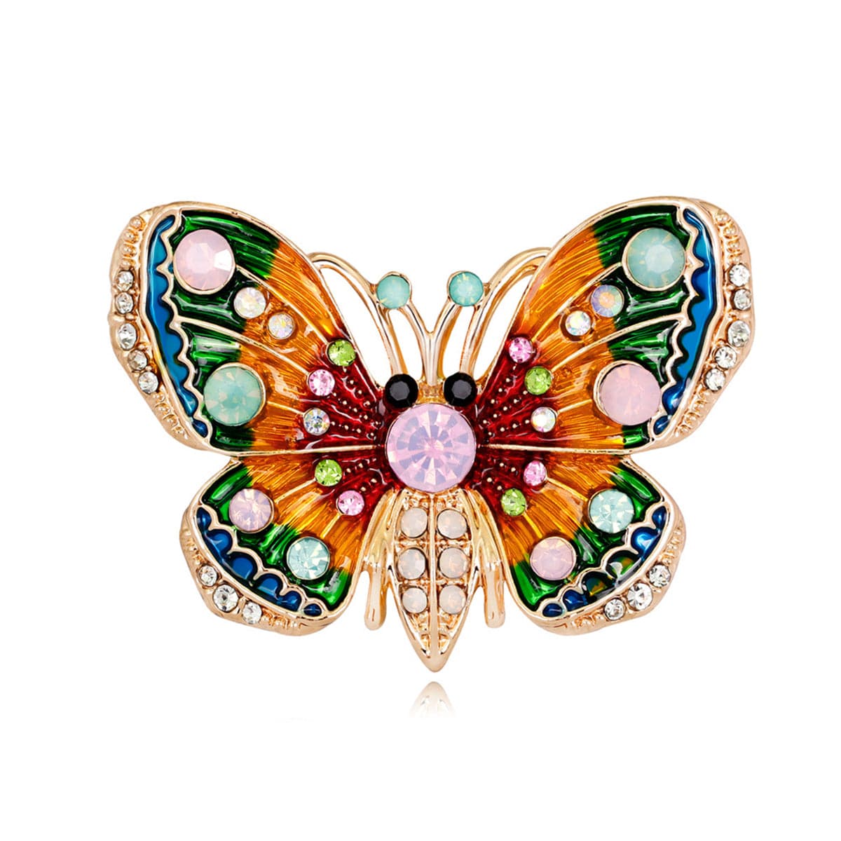 Beautifully designed butterfly brooch in 18K gold plating, set with multicolored stones, a perfect statement piece for any wardrobe.