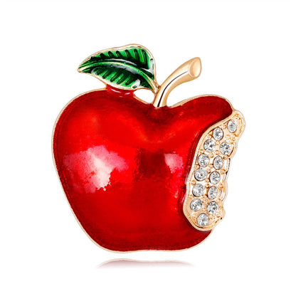 Cubic Zirconia and 18K Gold-Plated Bitten Apple Brooch, gold brooch pin, botanical inspired, side view