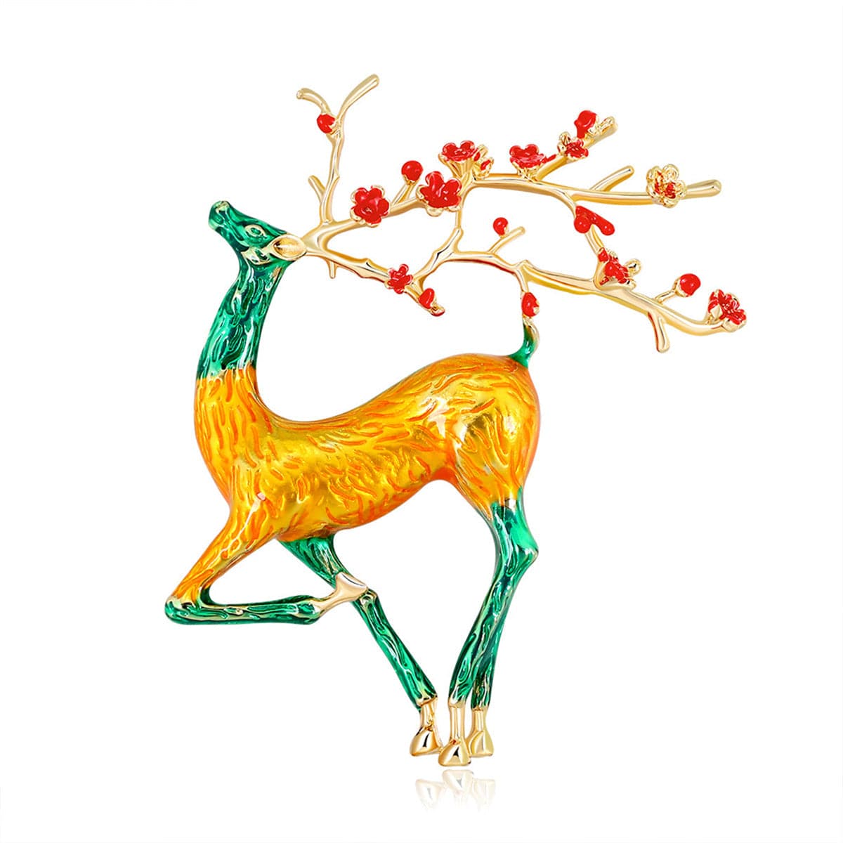 Yellow and Teal Enamel 18K Gold-Plated Deer Brooch, gold brooch pin, elegant gift for her, front view