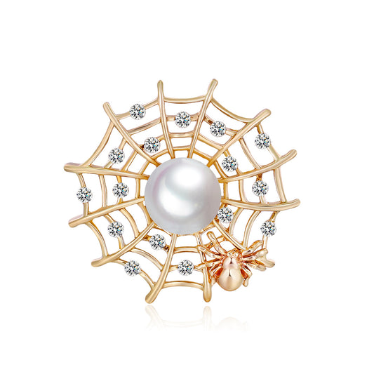 Clear Cubic Zirconia and Pearl 18K Gold-Plated Spider Web Brooch, gold brooch pin, vintage-inspired design, front view