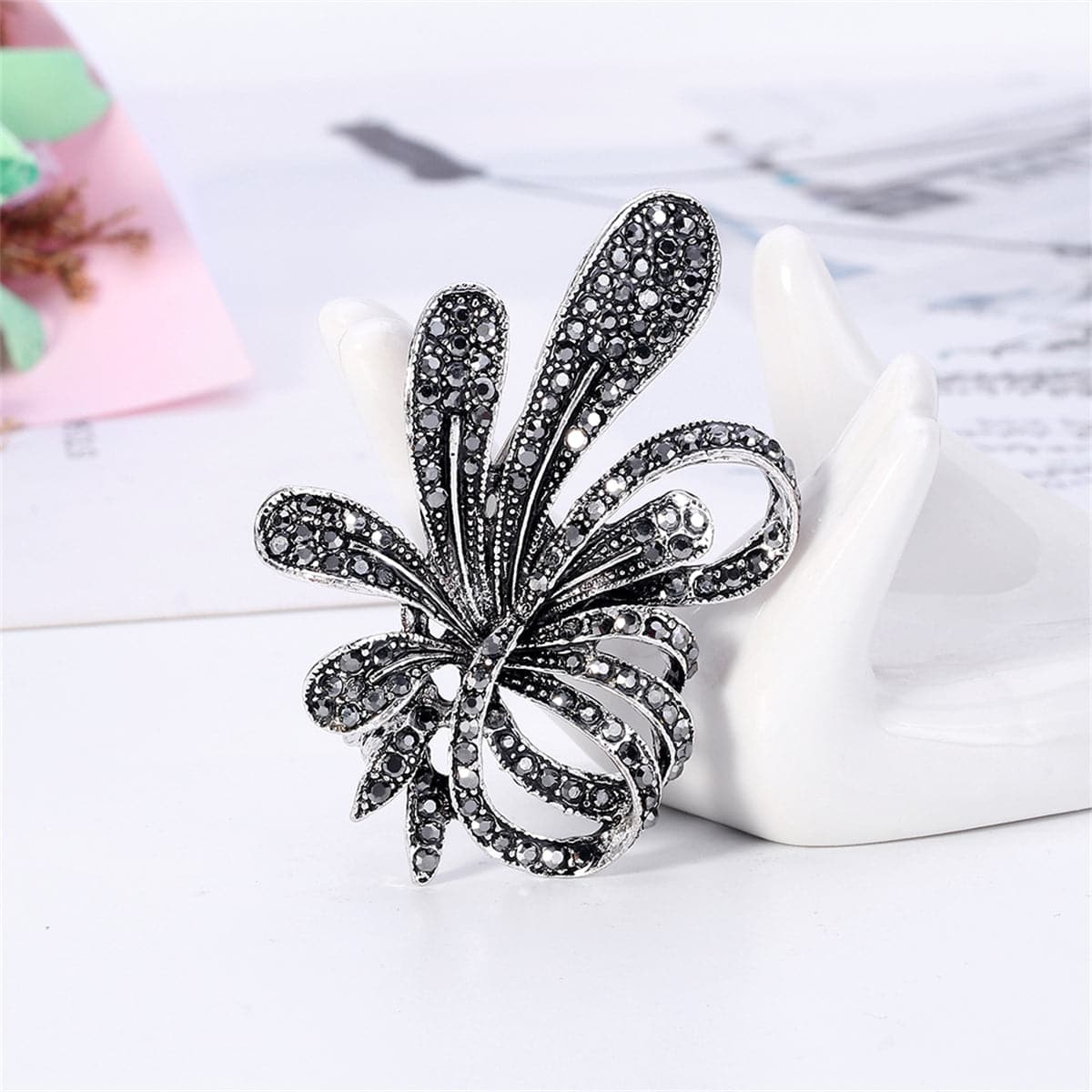 Black Cubic Zirconia and Silver-Plated Flower Brooch, silver brooch pin, elegant gift for her, front view